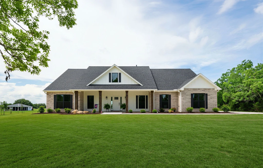 Two-story house with black roof, white siding, and multiple windows, set behind a green lawn with mature trees and several cars parked in the driveway.