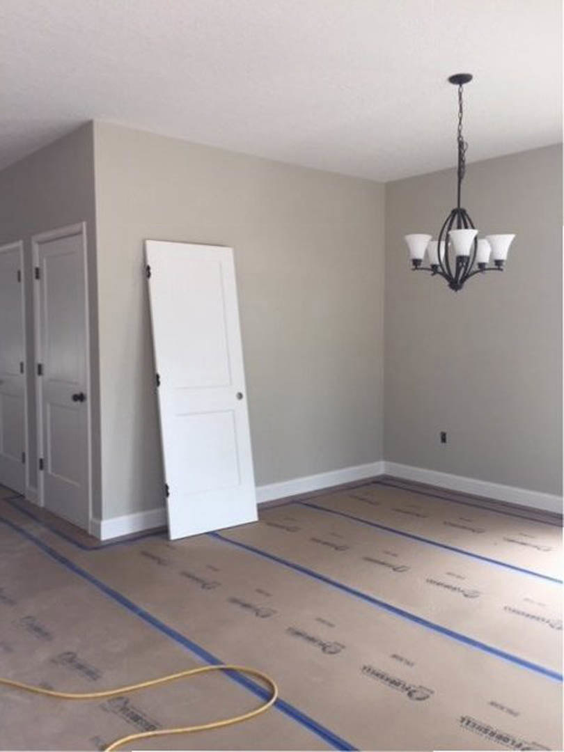 White paneled door with black knobs, brass chandelier overhead, yellow hose on light wood floor, plaster walls in a residential interior.