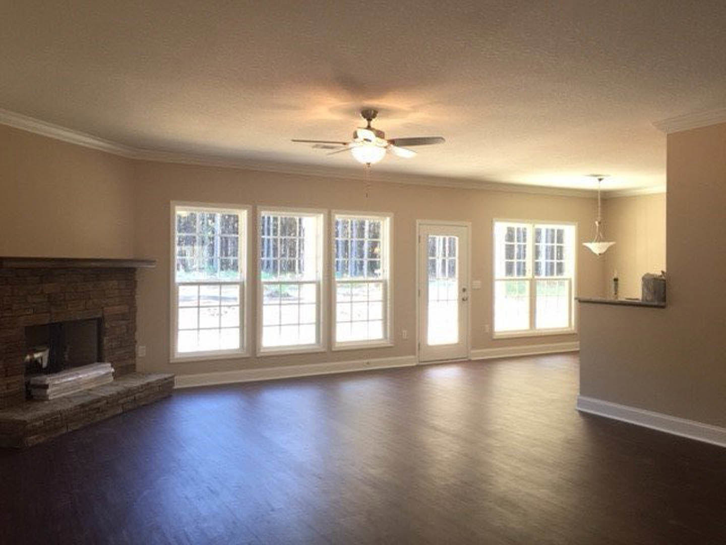 Living room with dark wood flooring, central fireplace with white mantel, ceiling fan, white door with glass window, plaster walls, and large window letting in natural light.
