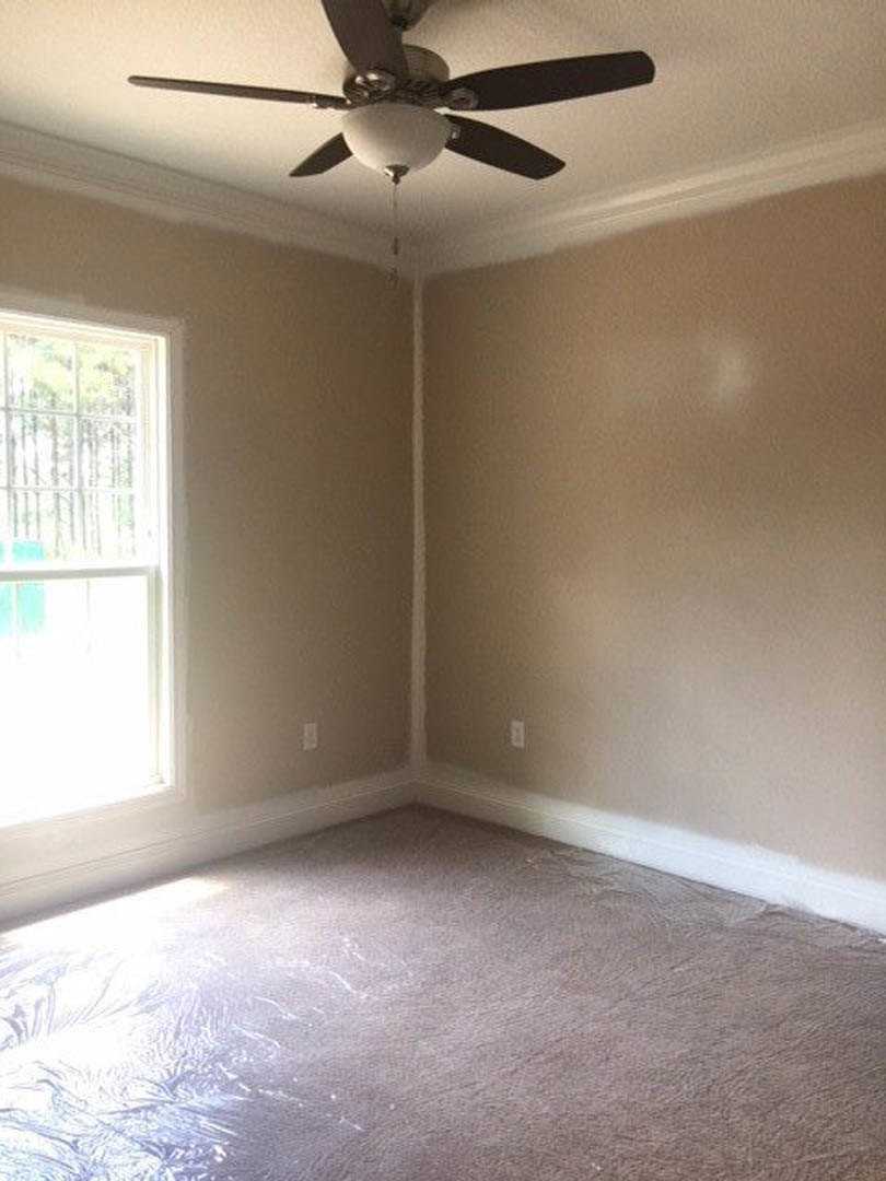 Ceiling fan with light fixture mounted on white plaster ceiling above carpeted floor, white baseboard, and large window in residential room