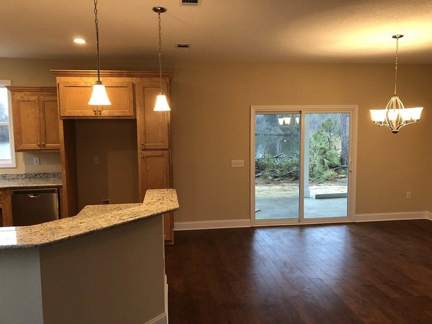 Open kitchen and living room with wooden floors, white cabinetry, stone countertop, sliding glass door overlooking lake and trees, modern ceiling light fixture, close-up of