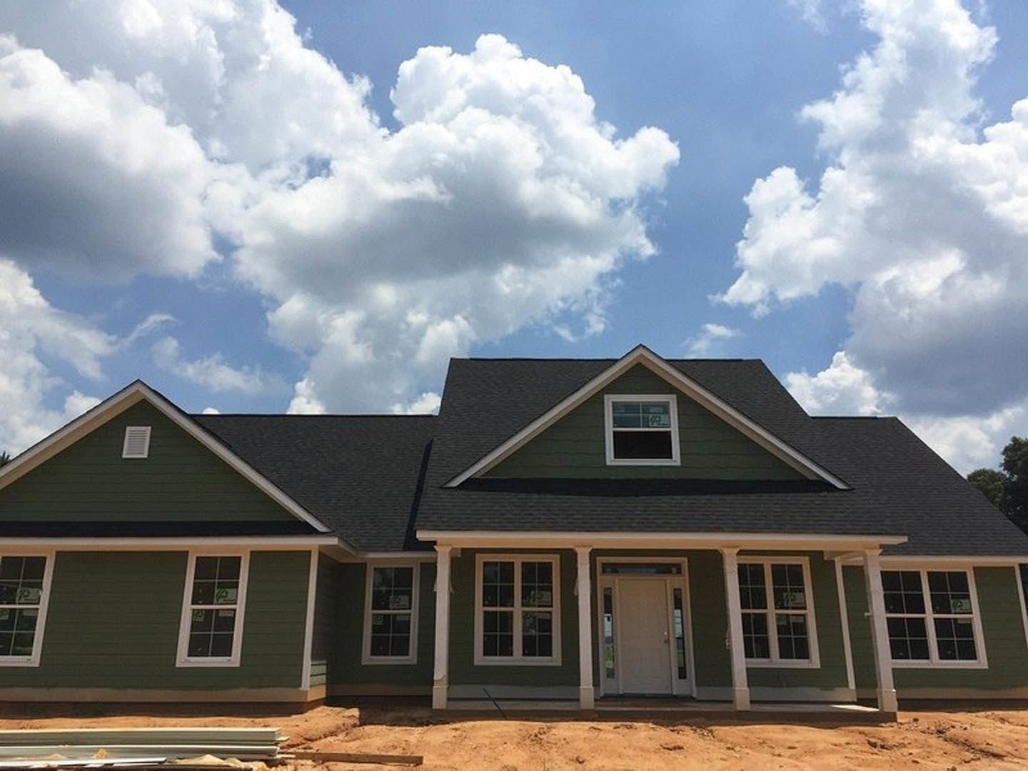 Partially built house with white siding, white framed windows, and a white glass-paneled door, under a cloudy sky