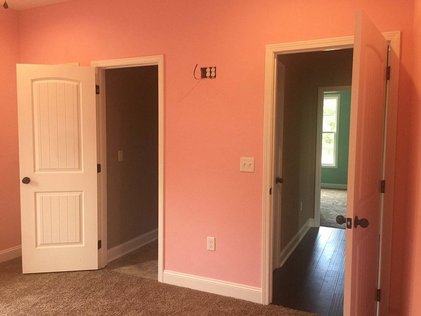 Pink accent wall with two white doors, dark wood flooring, patterned rug, and modern light switch in hallway.
