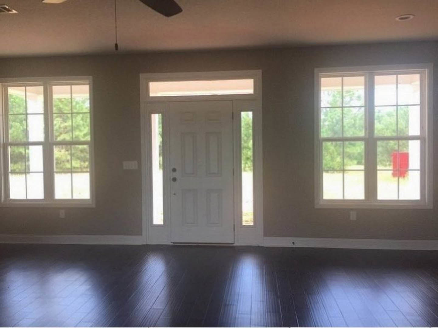 Dark hardwood floor reflecting light, white door with glass window, large window showing red flag outside, white walls and trim
