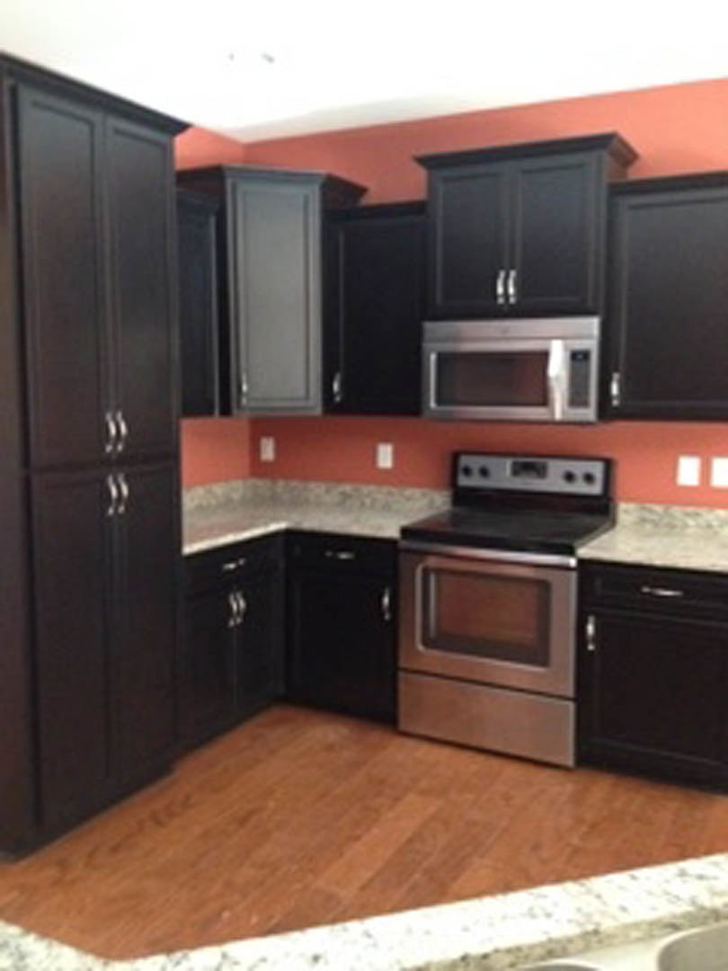 Black kitchen cabinets with brushed stainless steel appliances, quartz countertops, and modern drawer pulls