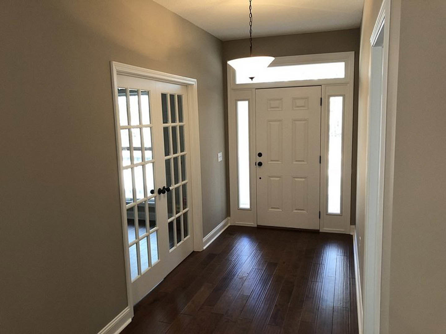 Hallway with dark wood flooring, white trim, white doors featuring rectangular glass windows, and a ceiling chain fixture