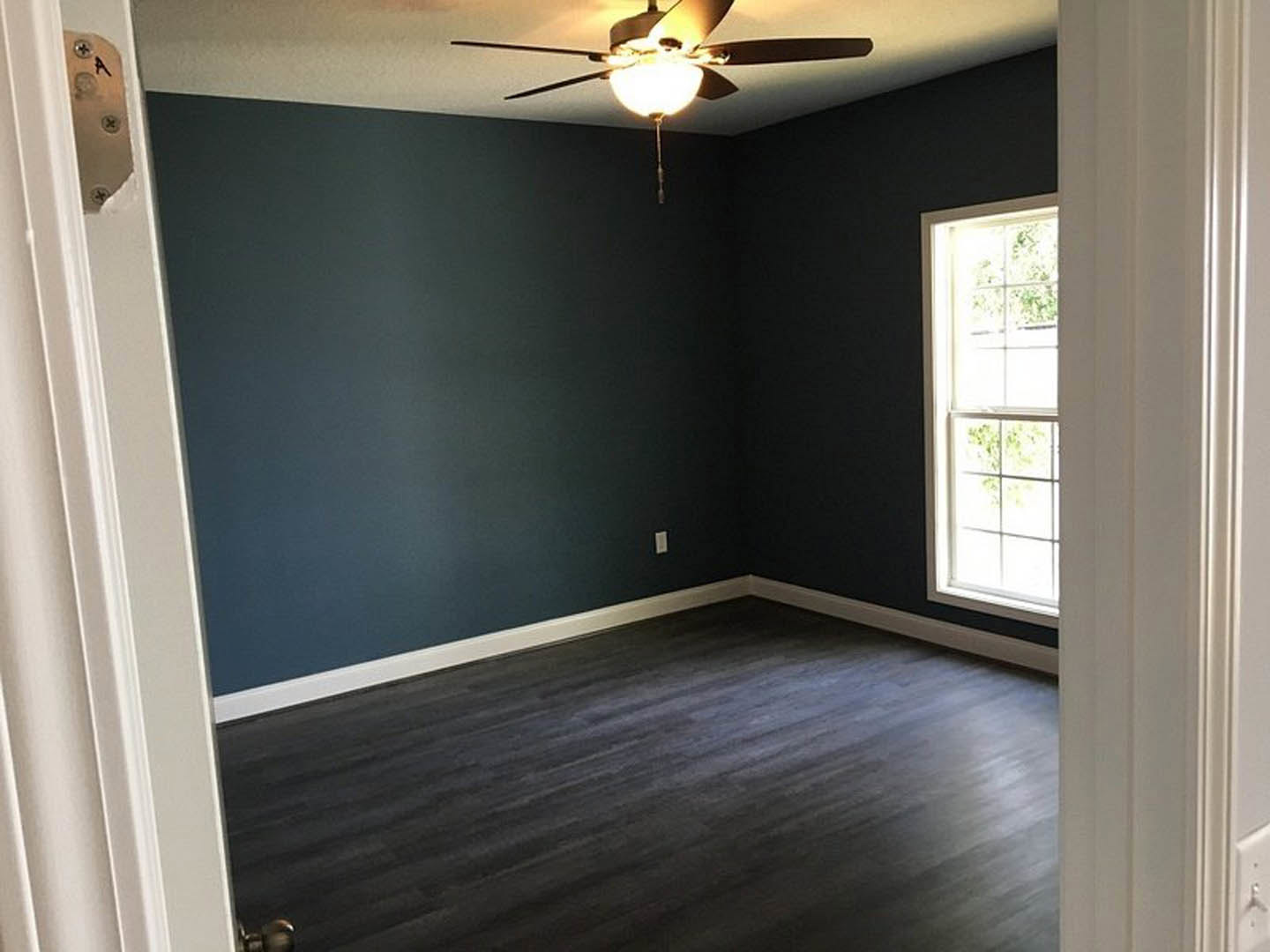 Ceiling fan with light fixture mounted on white plaster ceiling, large window with white frame, dark wood flooring, white baseboard trim