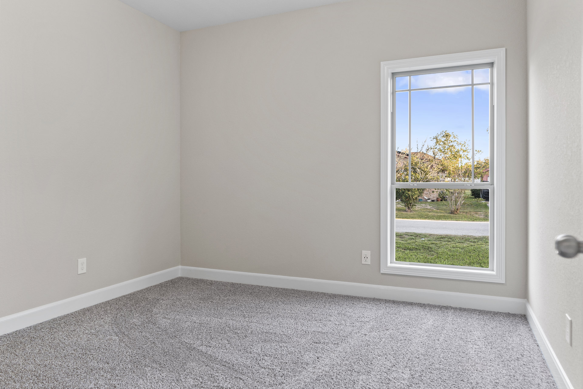 Carpeted room with white walls, large window overlooking green yard and trees, plaster ceiling, and wooden door