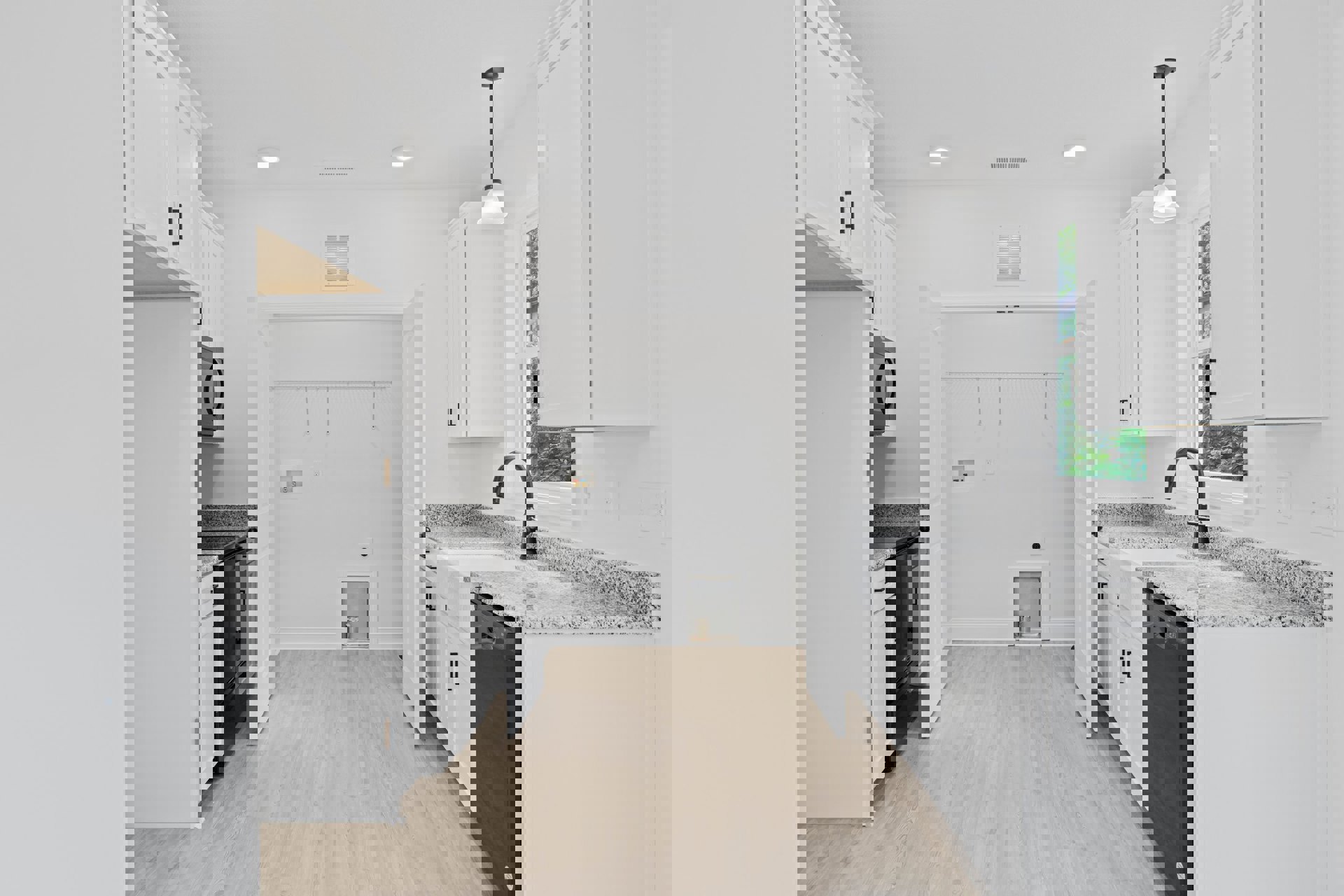 White kitchen cabinets, black appliances, wood flooring, white countertops, stainless steel sink, white door, white vent on wall