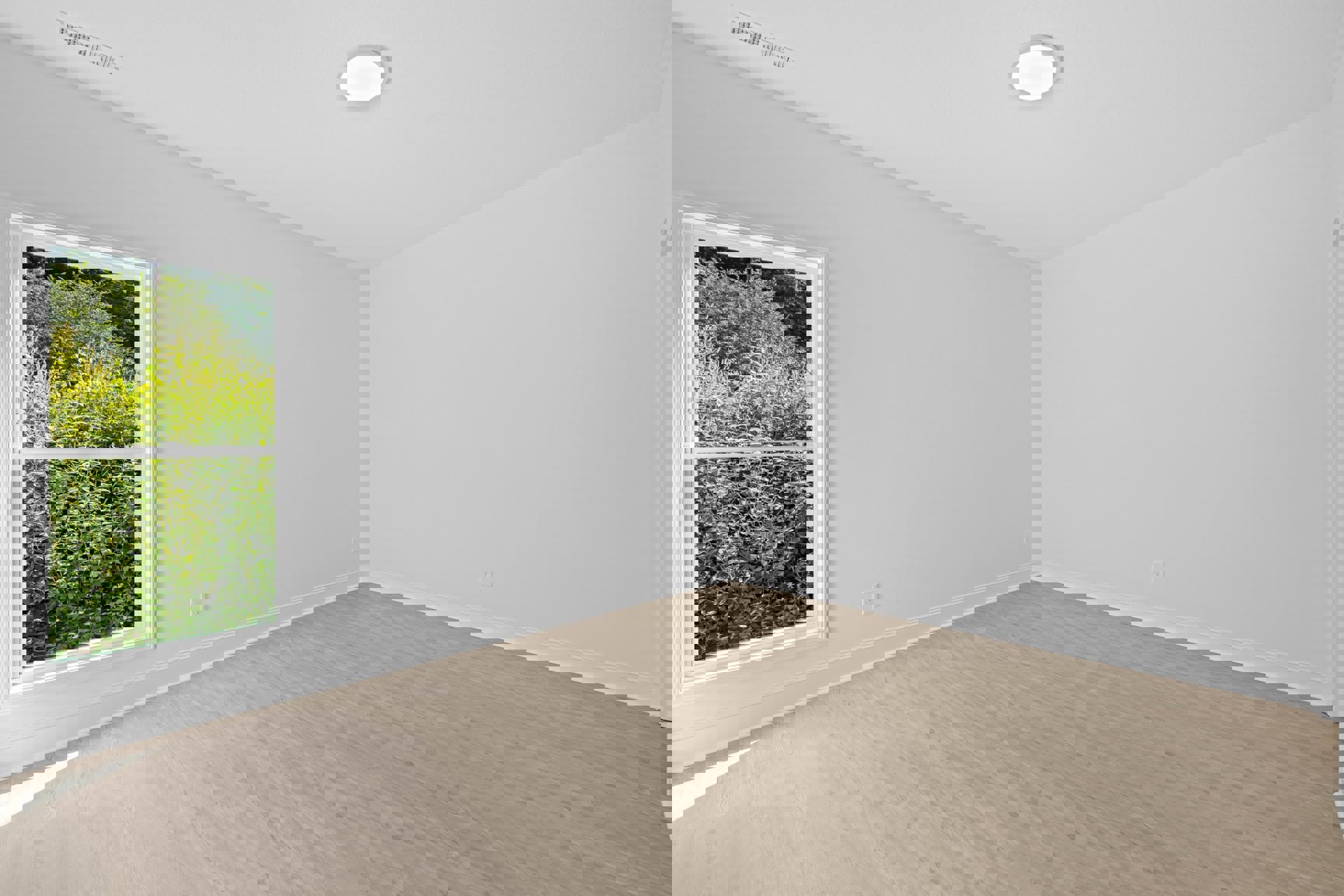 Sunlit room featuring a large window overlooking greenery, white ceiling with recessed vent and modern light fixture, smooth hardwood flooring, and neutral plaster walls.