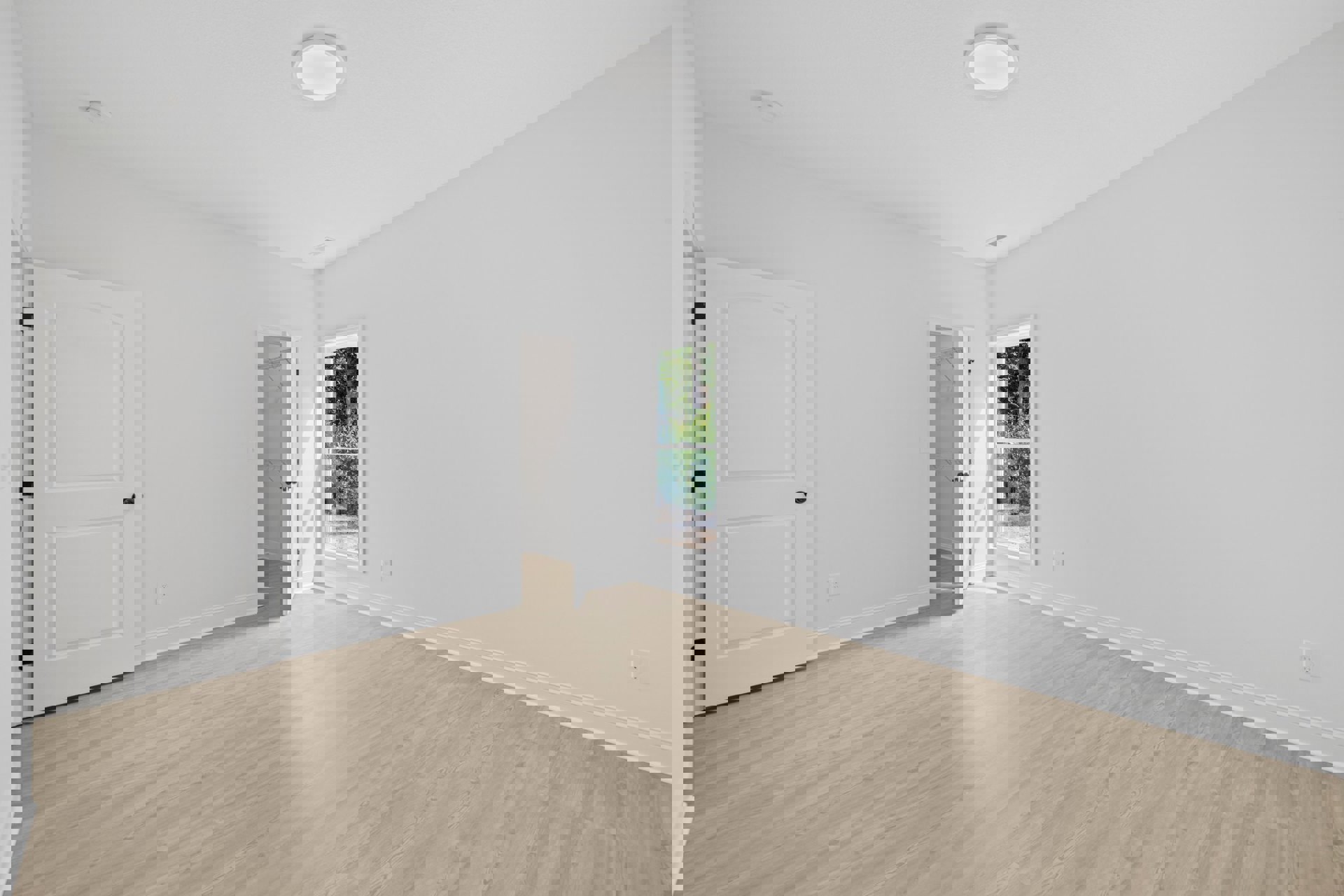 White-walled room with light wood flooring, open white door with black knob leading to a closet, window with white trim, ceiling light fixture