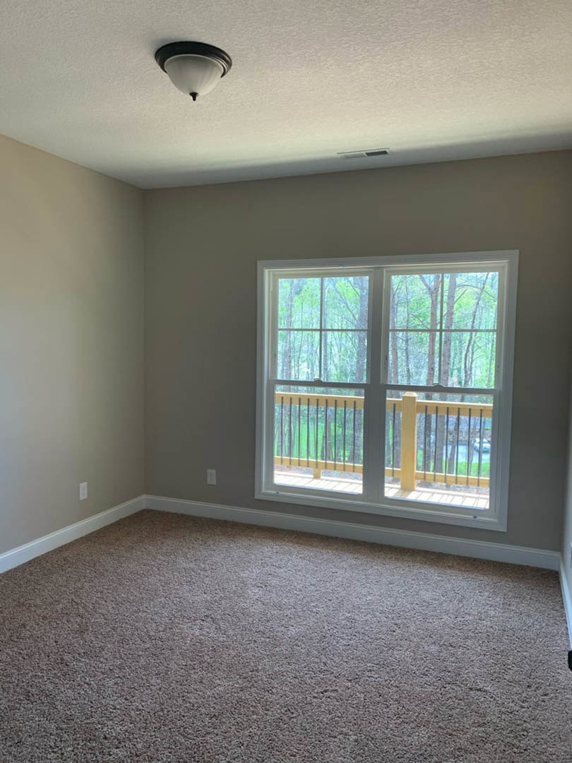 Spacious room with plush carpet, large window overlooking leafy trees, glass door opening to a balcony, white plaster walls, modern ceiling light fixture