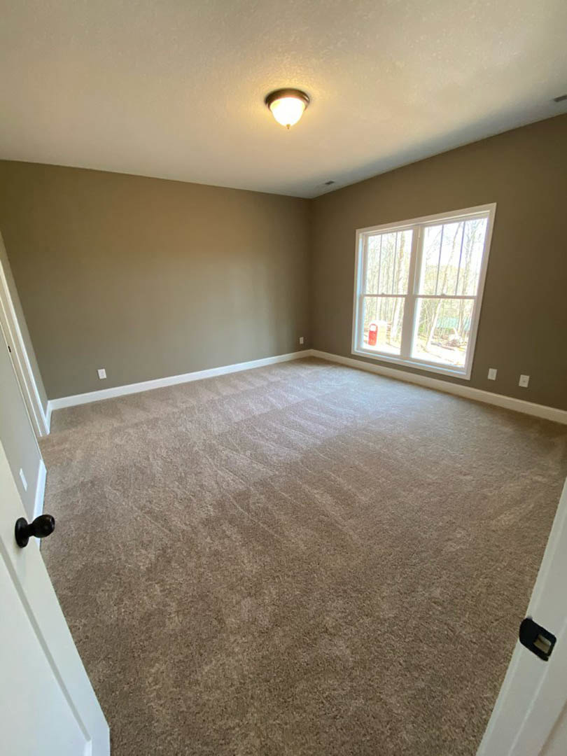 Carpeted room with white walls, ceiling-mounted light fixture, large window overlooking trees, white door with black knob