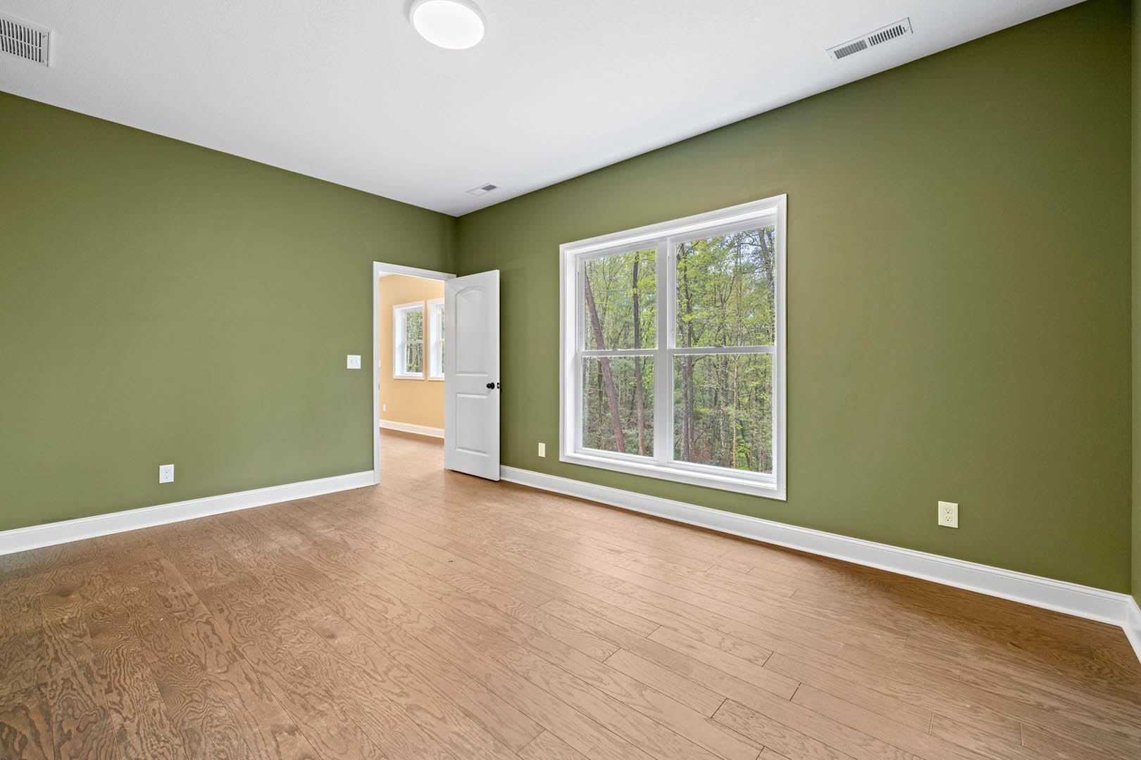 Green-painted walls, wood laminate flooring, white ceiling with recessed light, white door with black knob, window showing trees outside