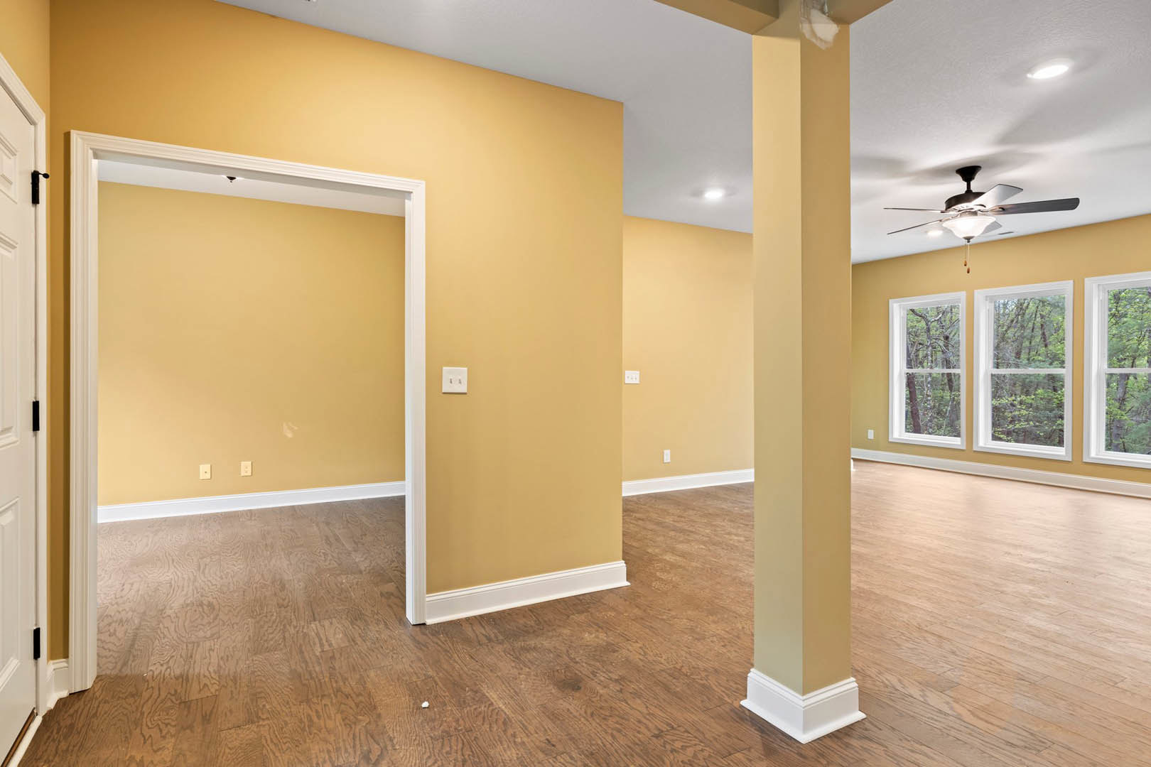 Wood floor with white baseboard, open door, row of windows showing trees outside, ceiling fan with light fixture, plaster walls, and molding.