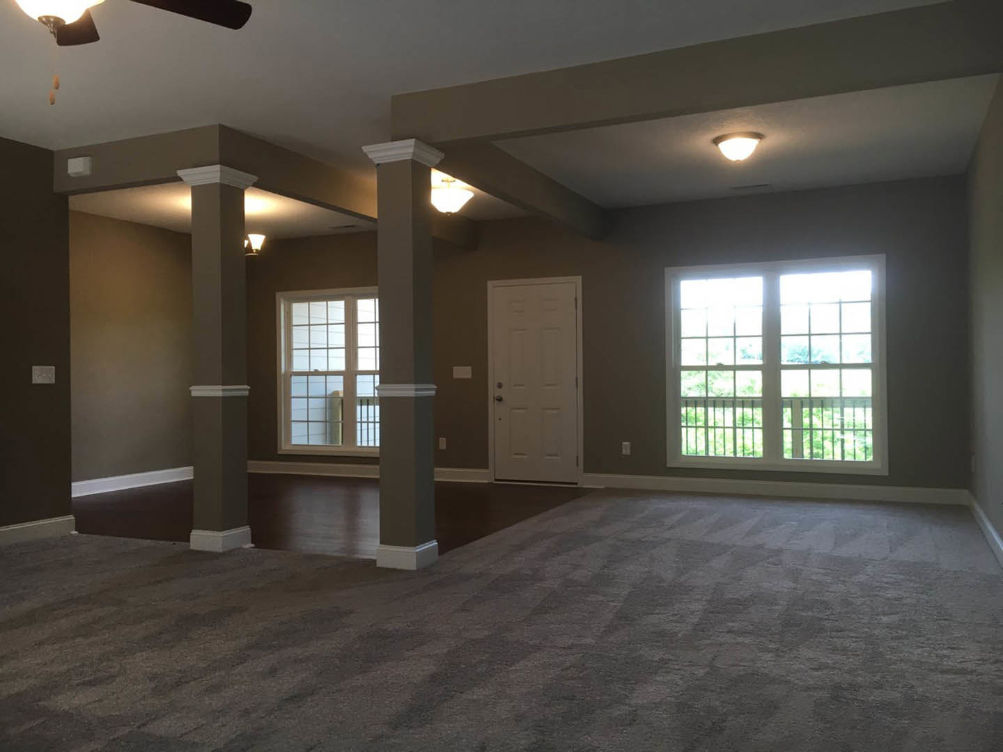 White paneled door with silver handle, multi-pane windows with white frames, light fixture on smooth ceiling, carpeted floor, neutral walls in a bright residential room