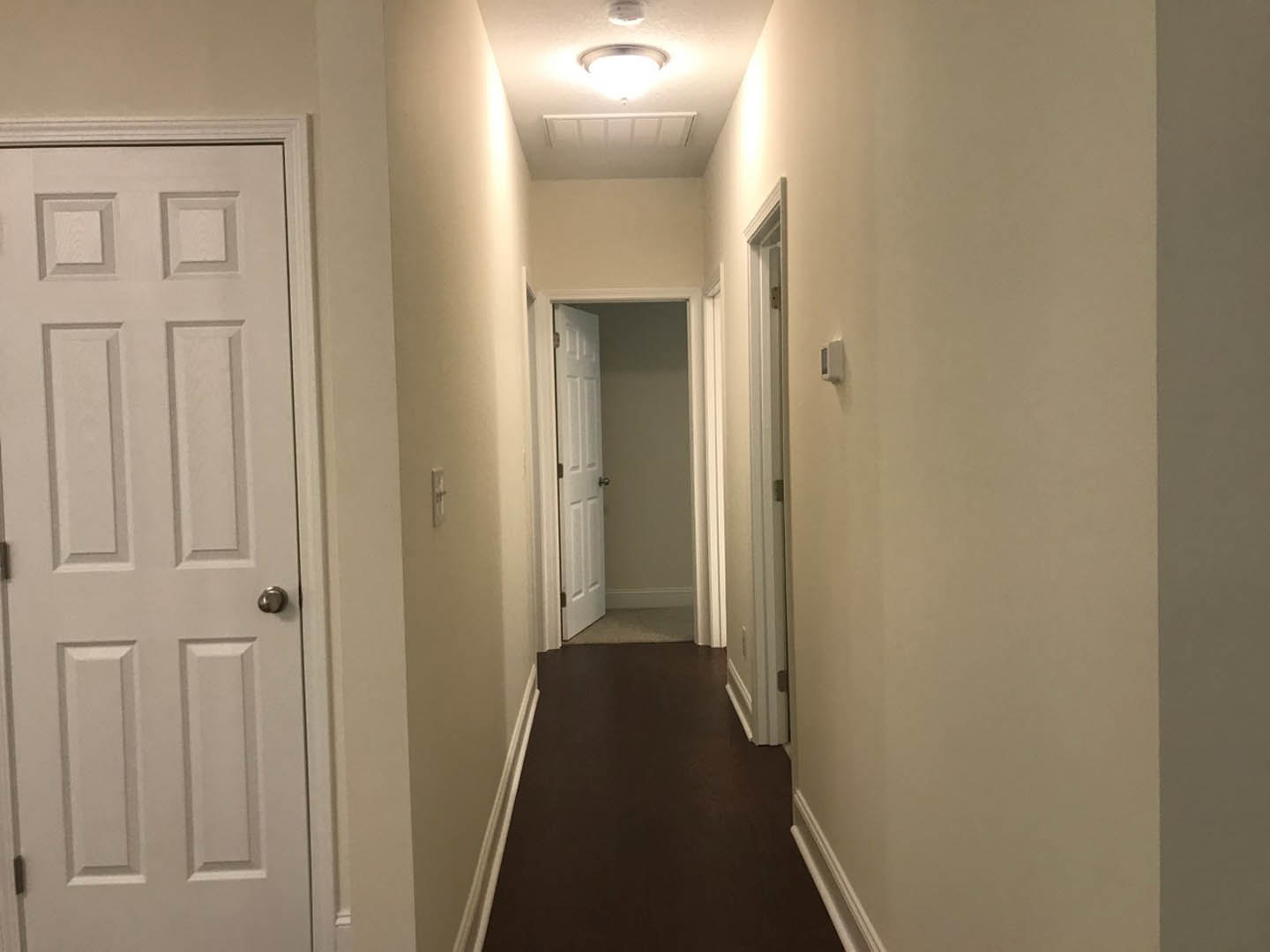 Hallway with smooth white walls, dark brown wood flooring, white trim, and multiple white doors featuring silver handles and glass panel detailing
