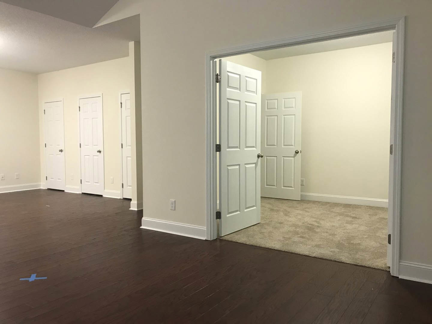 White paneled doors with silver knobs, beige carpet flooring, white walls, and simple baseboards in a residential interior room