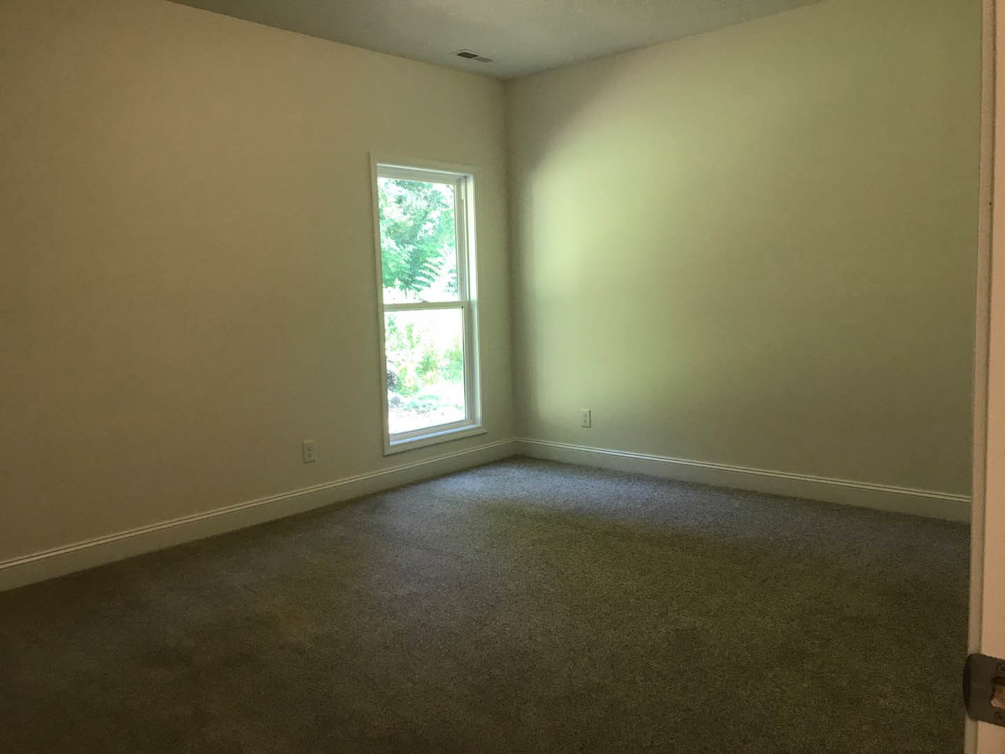 Carpeted bedroom with large window overlooking trees, white plaster walls, ceiling vent, and sunlight casting on wall