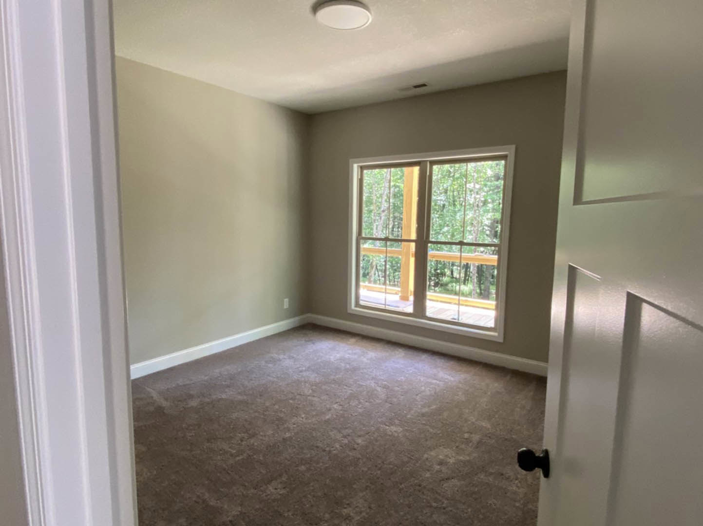Room with white paneled door, round black door knob, brown carpeted floor, large window showing trees outside, white walls, and white plate on a surface