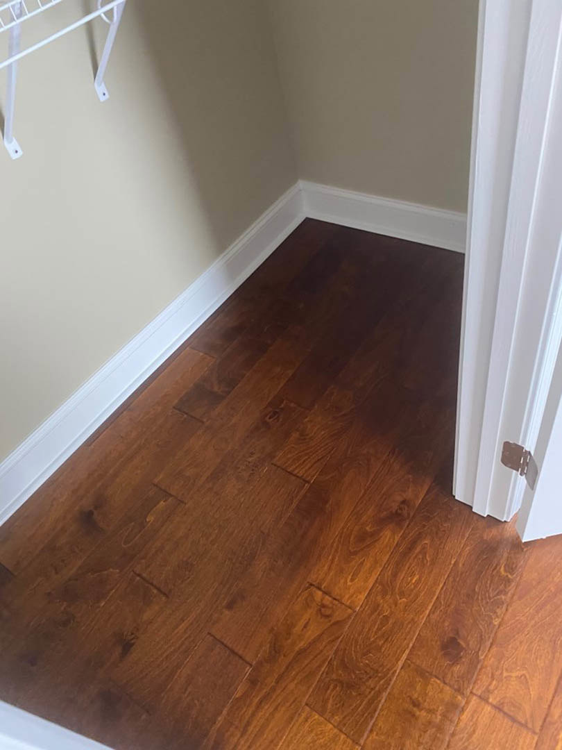 Wood plank flooring with white baseboard trim and a white door frame