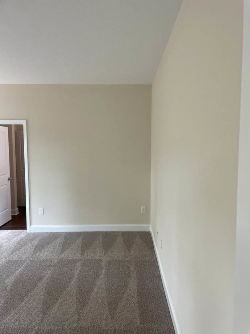 Beige walls and patterned carpet in a residential room, white door with matching frame, white wall and small white object in the corner