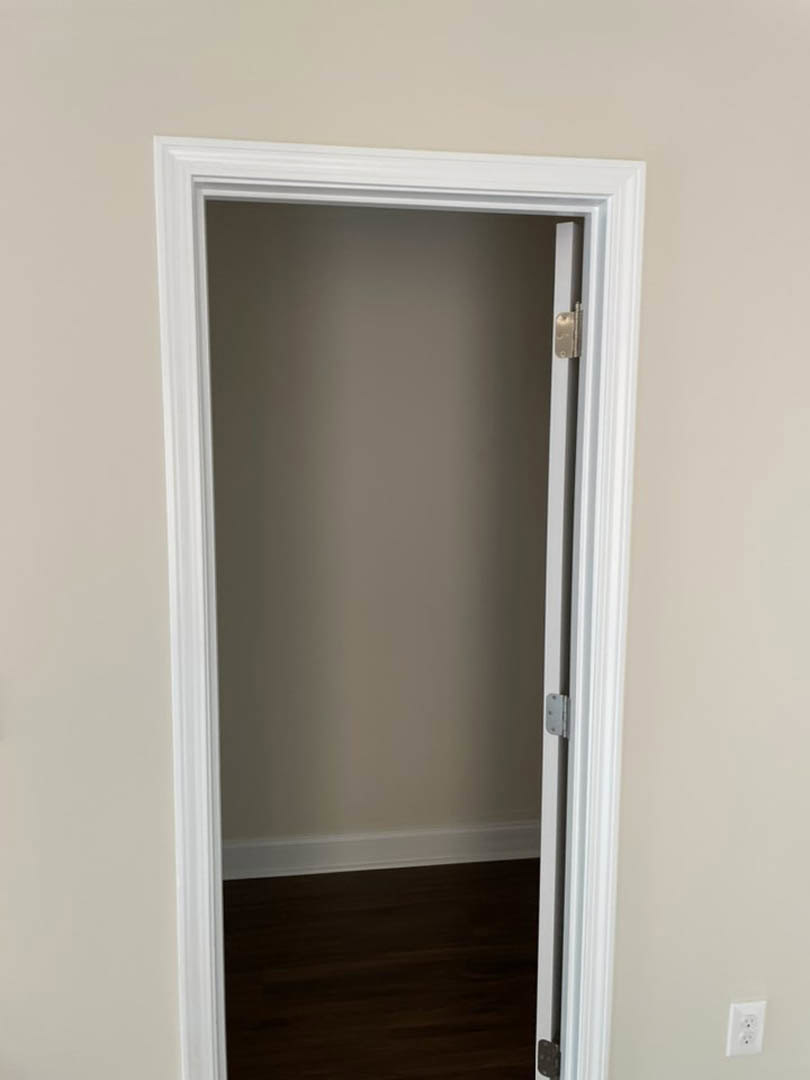 White door with brushed metal handle opening into a room with dark wood flooring, white baseboards, and a close-up of a white electrical outlet on a plaster wall