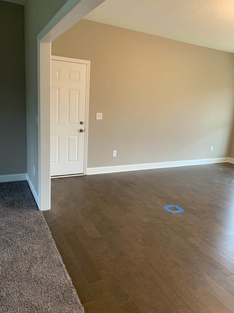 White paneled door set in a black accent wall with white trim, hardwood floor featuring a blue square rug, adjacent to a beige carpeted area