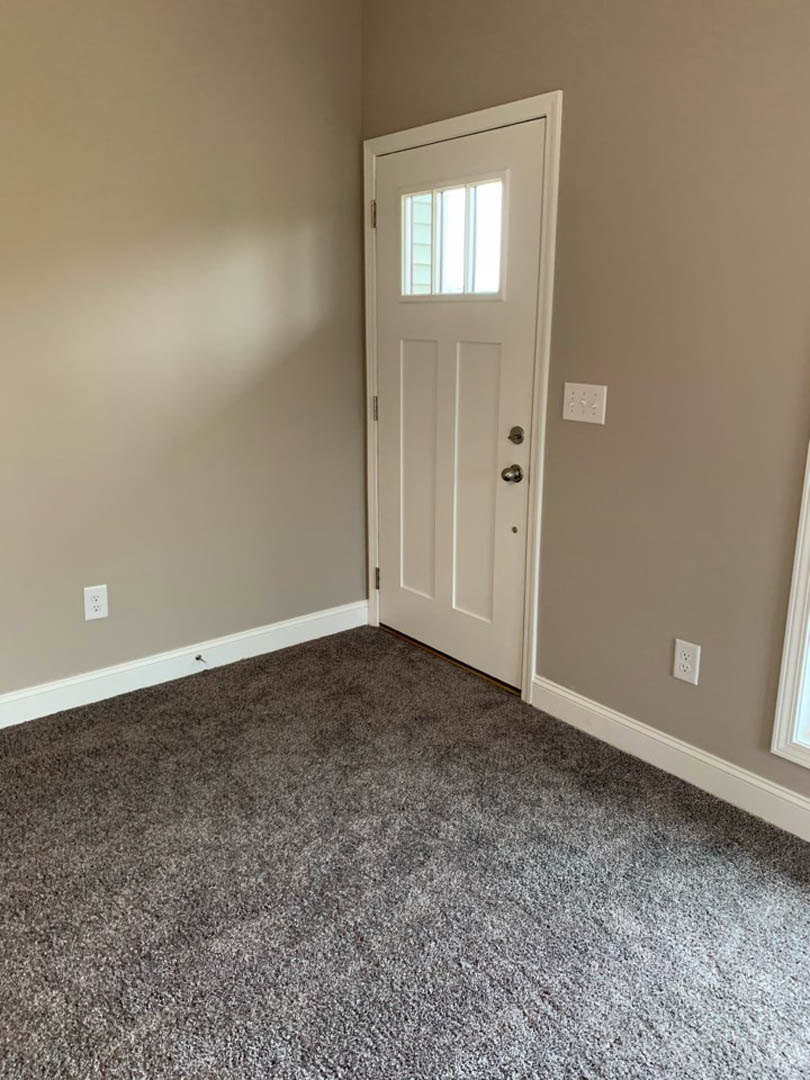 White paneled door with glass window, white light switch on adjacent wall, beige carpet flooring, white plaster walls illuminated by natural light