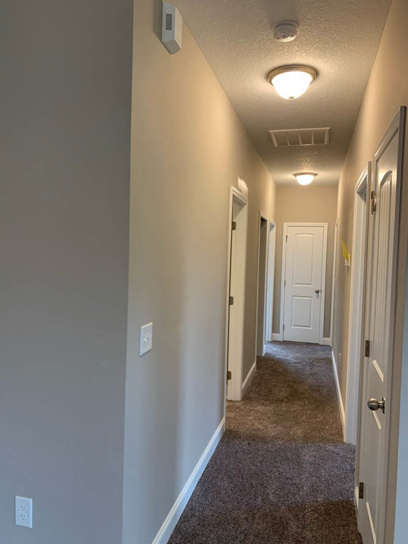 Hallway with white paneled doors, silver handles, carpeted flooring, white walls, ceiling-mounted light fixture, and visible electrical outlet