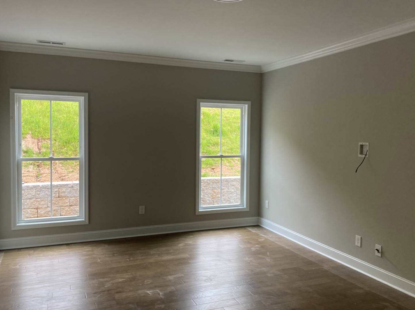 Sunlit room featuring two white-framed windows, light wood flooring, and plaster walls with a view of green grass outside.