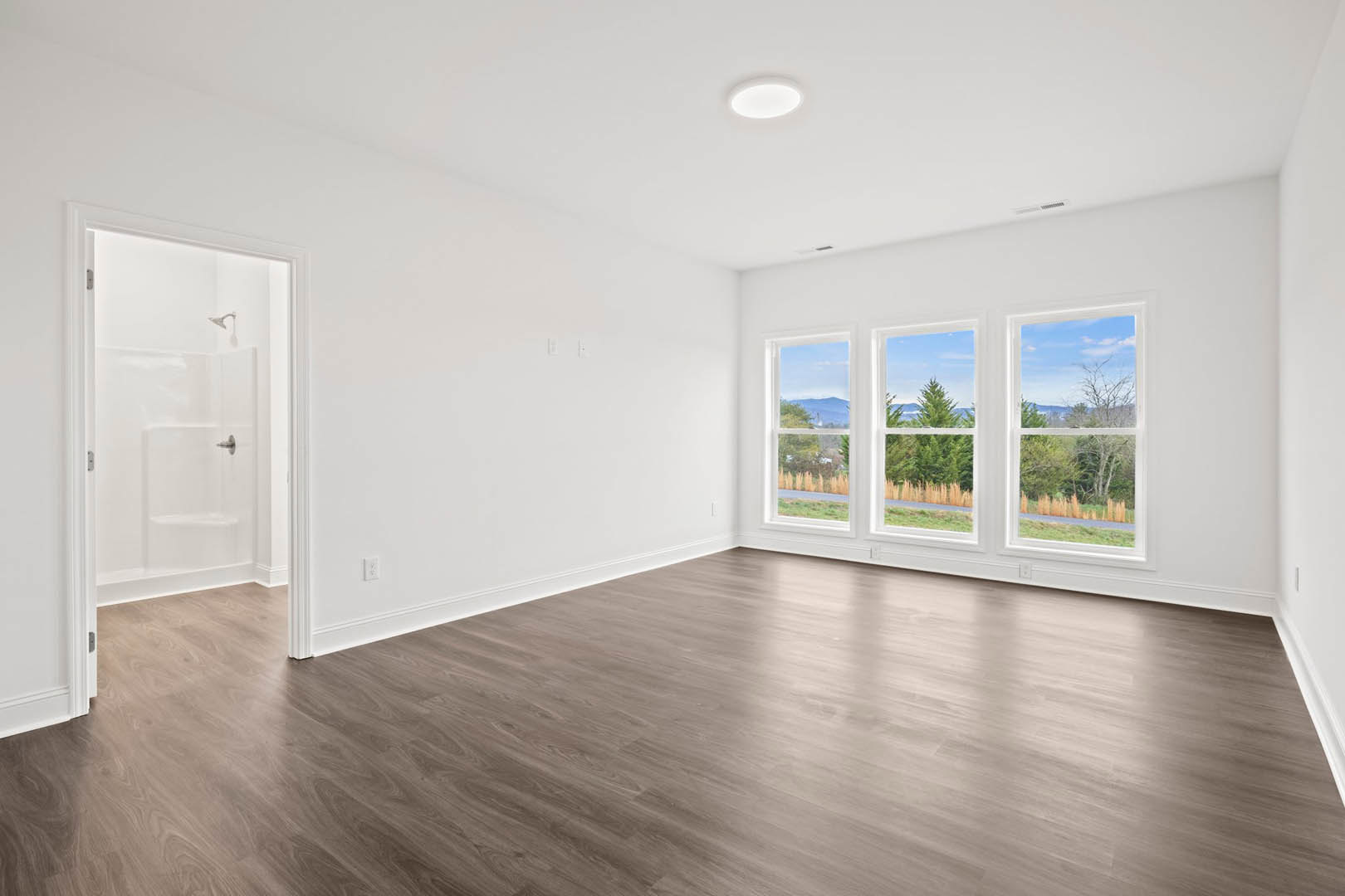 Wood flooring in a bright room with a glass shower door, white ceiling light fixture, and windows overlooking trees and grass.