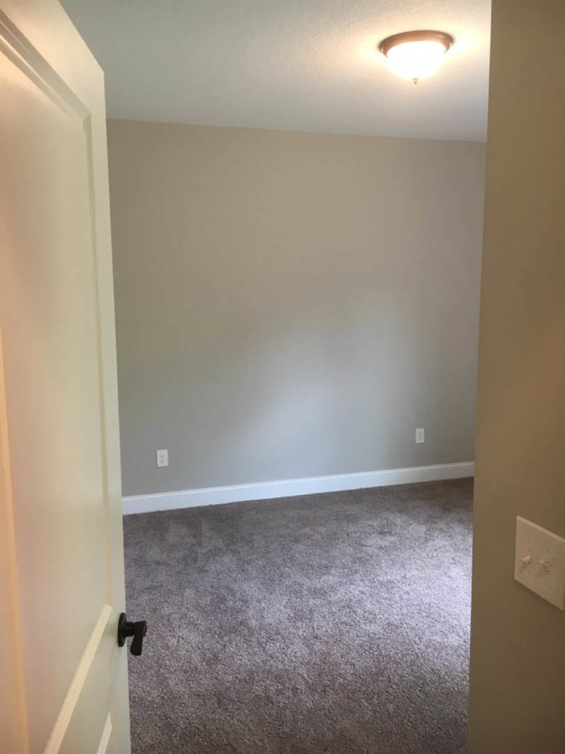 Carpeted room with white plaster walls, open door, ceiling-mounted light fixture, and black light switch on wall