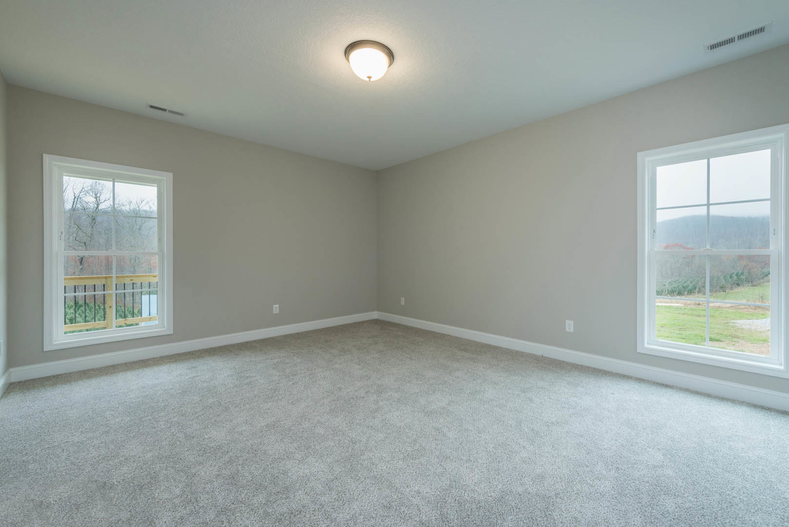 Carpeted room with white walls, large windows overlooking a field and trees, modern ceiling light fixture