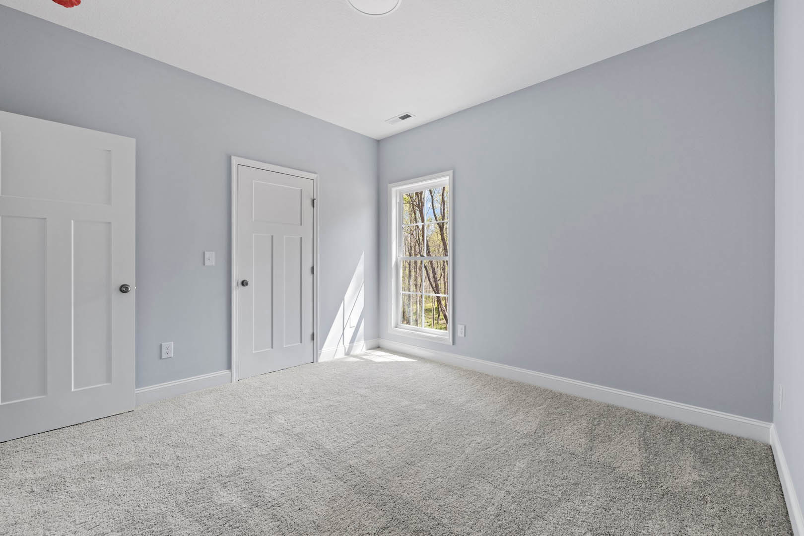 White carpeted floor in a room with a white door featuring a black knob, window showing trees outside, light-colored walls with simple molding.