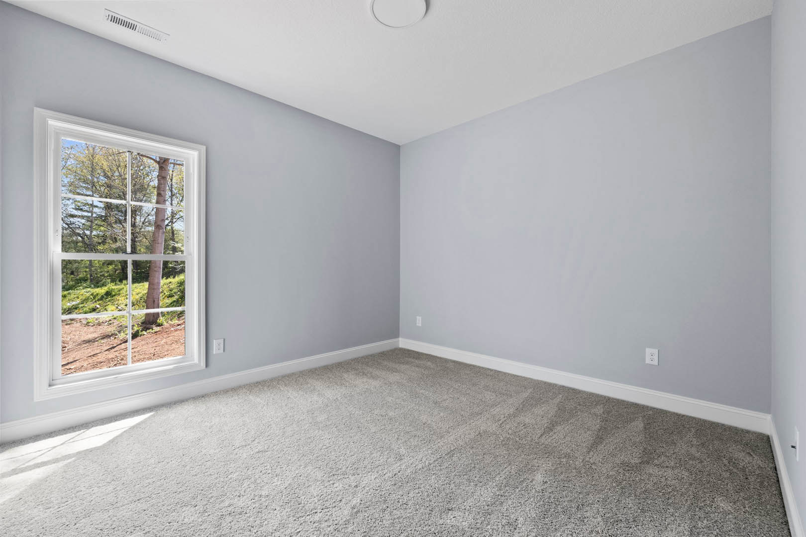 Bedroom with beige carpet, large window overlooking a leafy tree, white walls, ceiling vent, and baseboard molding
