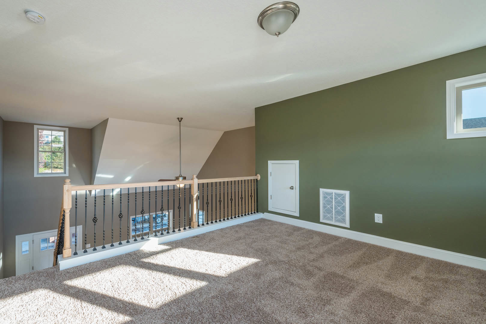 Green accent wall with white door featuring silver handle, large window overlooking trees and clear sky, white vent on wall, carpeted floor with metal railing