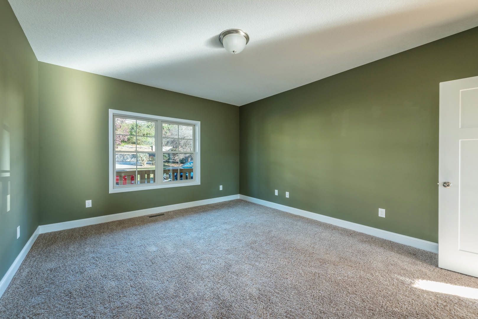 Green-painted walls and plush carpet flooring in a residential room, window overlooking a car and trees, ceiling-mounted light fixture, white door with trim
