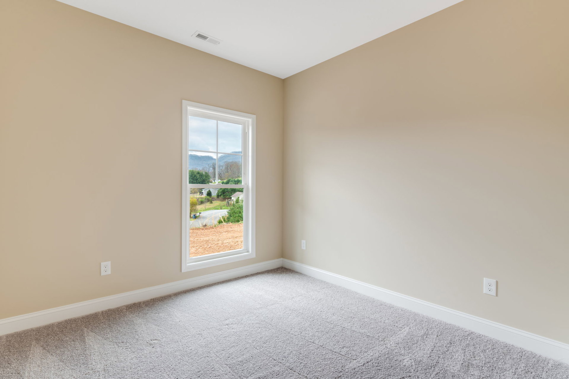 Bright room with white carpet, large window overlooking dirt field, road, and distant trees, white plaster walls, simple molding, and laminate flooring near doorway