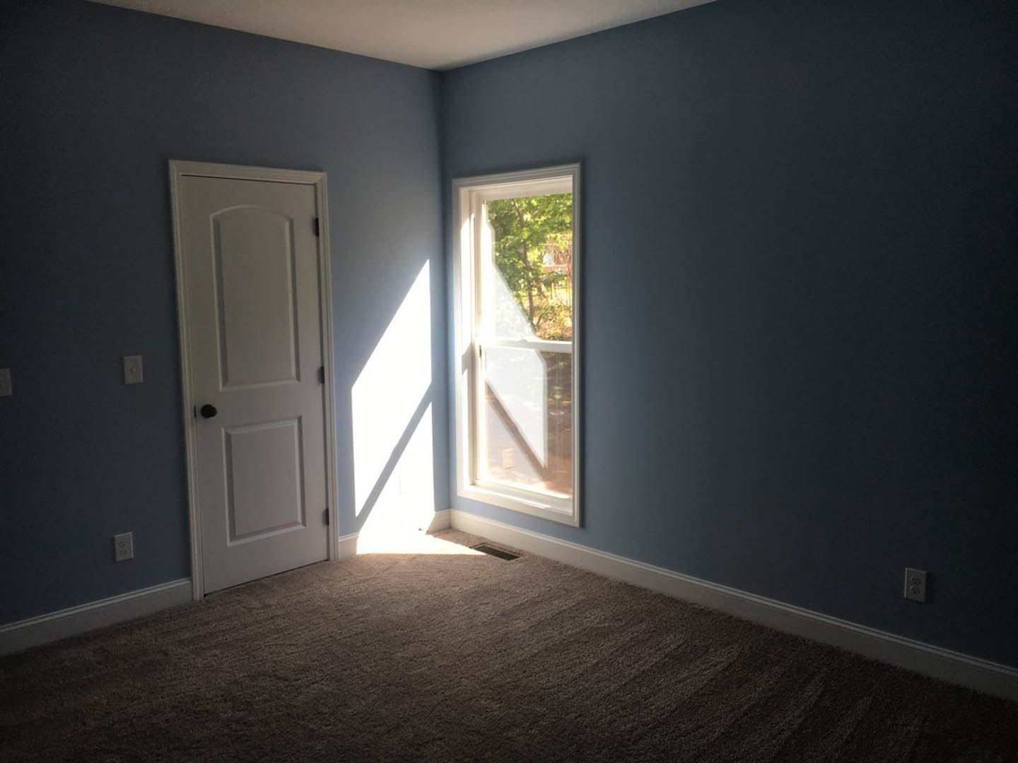 White carpeted room with white walls, white-framed window, and white door featuring a black knob; sunlight casts a shadow on the wall, tree visible through window.