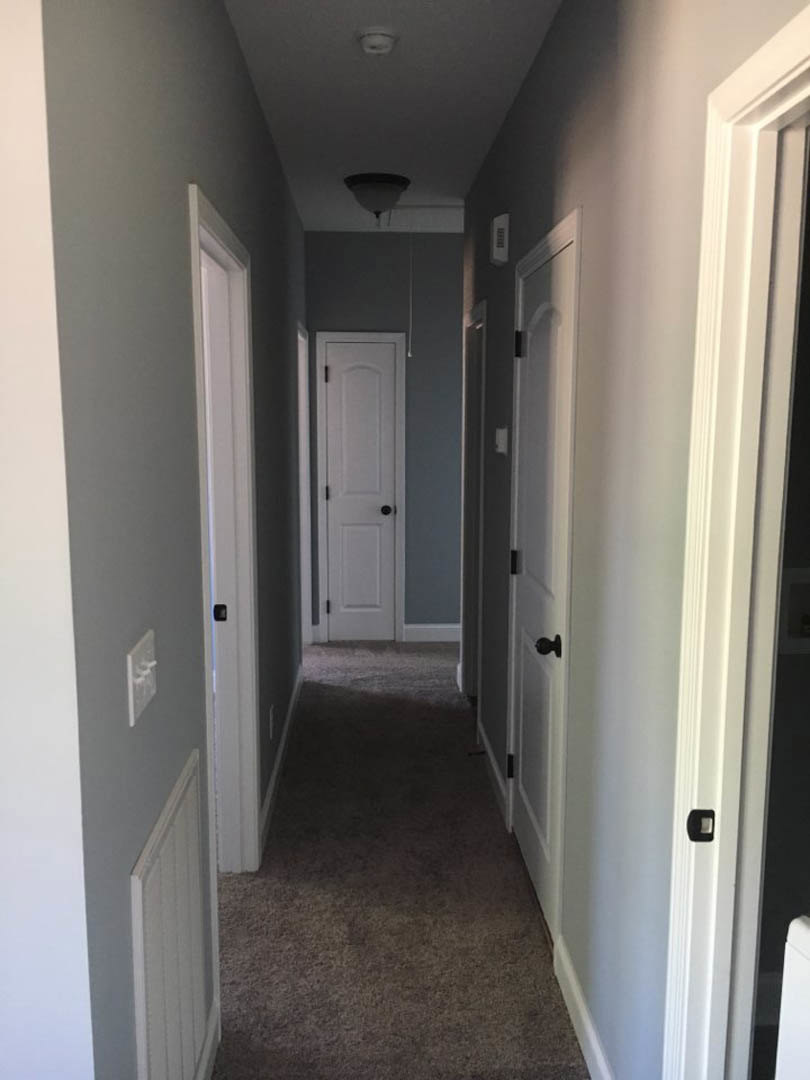 Hallway with light gray carpet flooring, white paneled doors featuring black knobs and hinges, smooth white walls, and a recessed ceiling light fixture