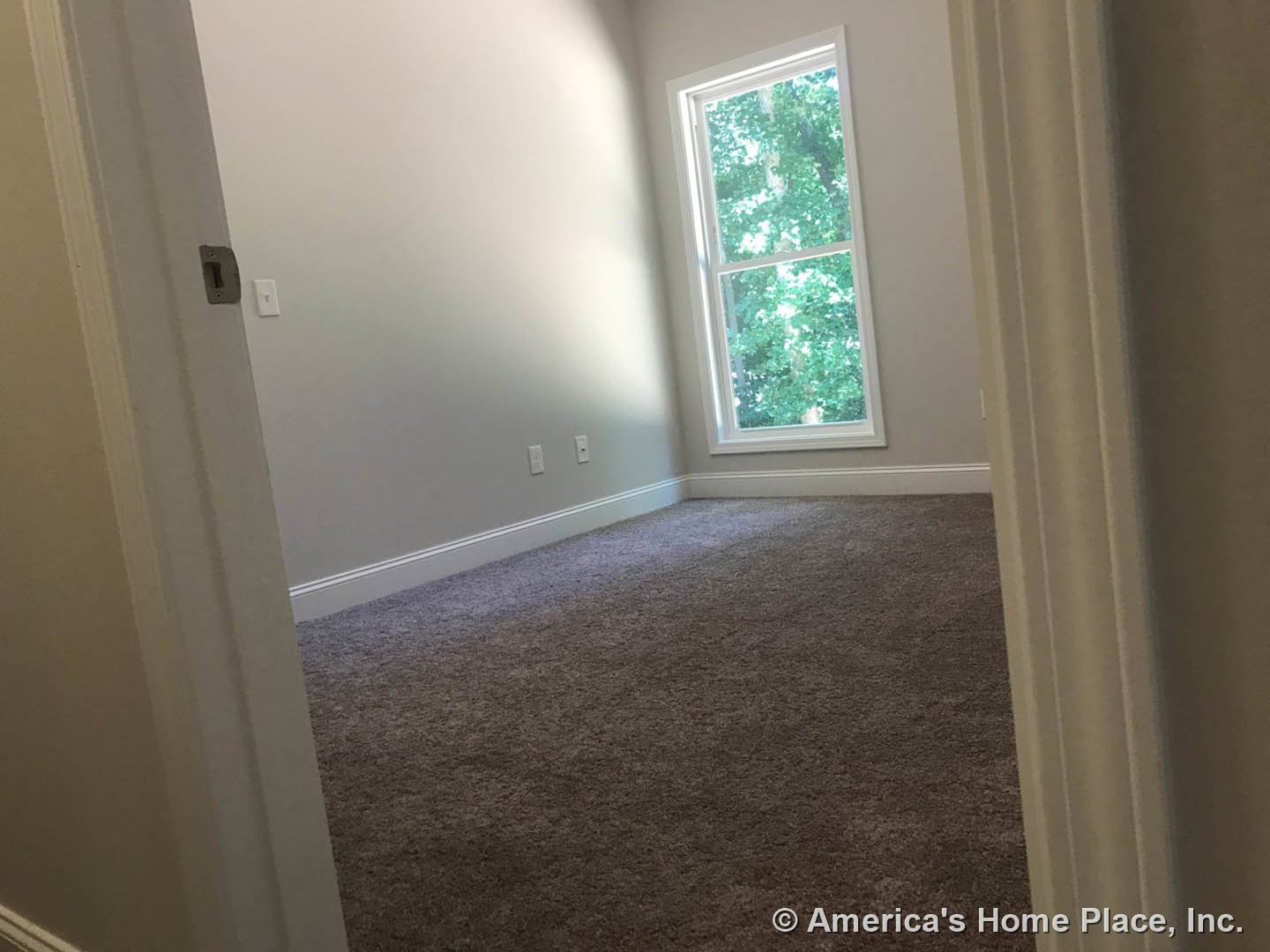 Carpeted room with white walls, open door, window showing trees outside, white electrical outlet, and close-up of door lock