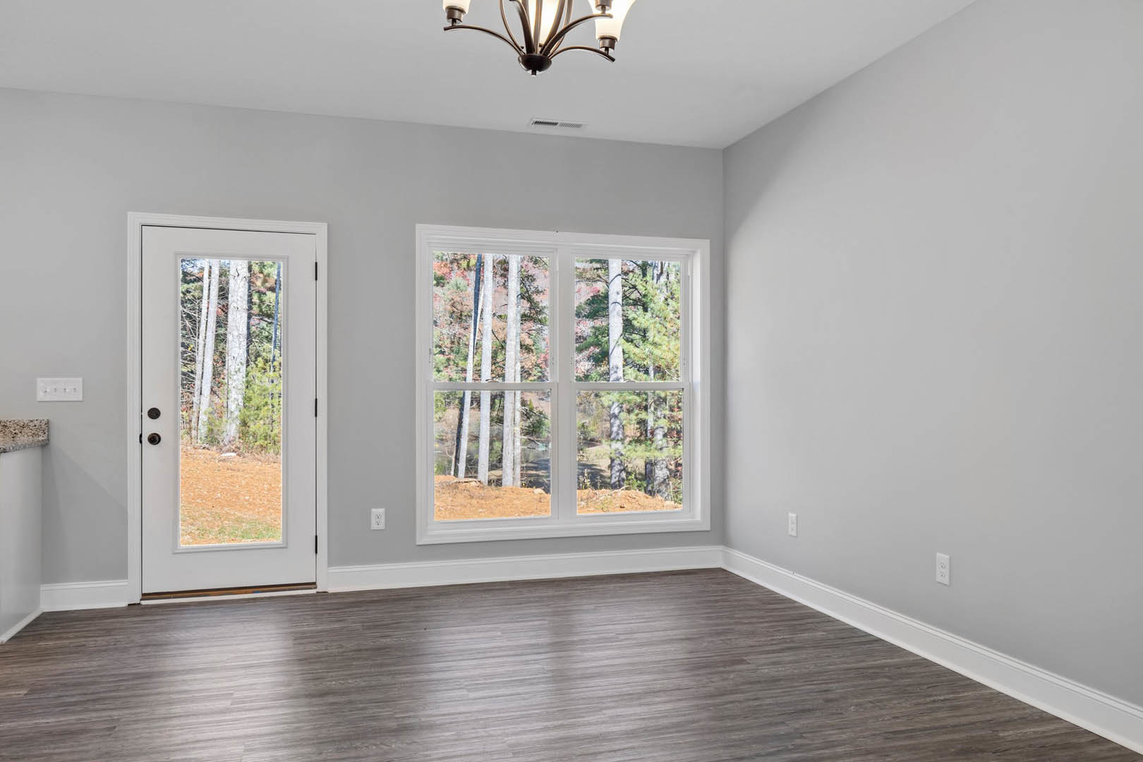 Bright room with wide wood flooring, white walls, large windows showing leafy trees, modern light fixture, and a single door framed by trim molding