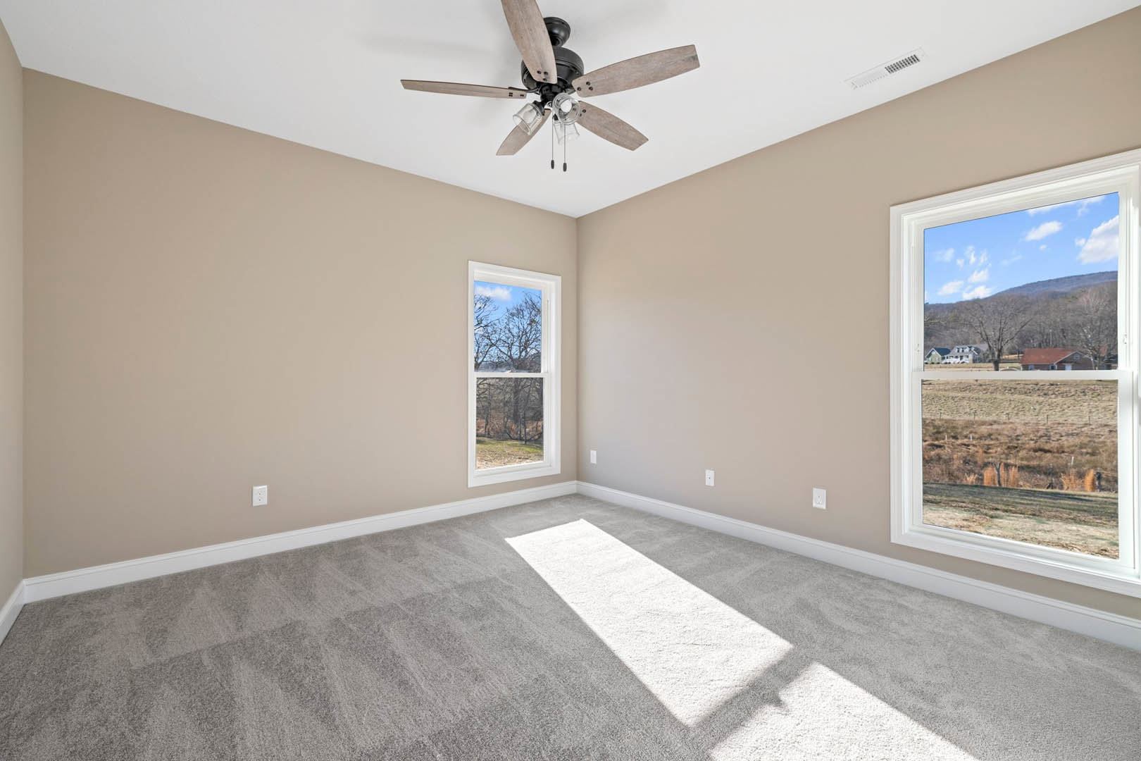 Ceiling fan with wooden blades and light fixture centered in a carpeted room, two windows with views of trees, fields, and neighboring houses, white walls with base molding.