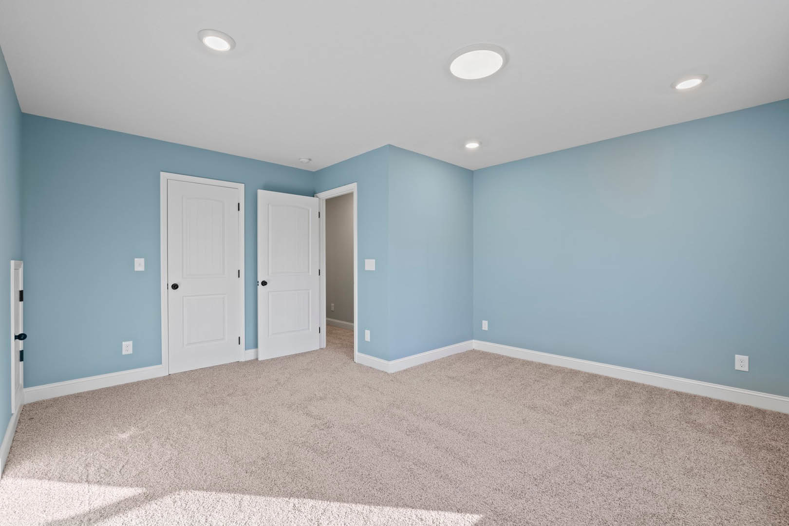 Blue painted walls, white paneled doors with black handles, beige carpet flooring, round white ceiling light fixture, close-up of a modern lamp
