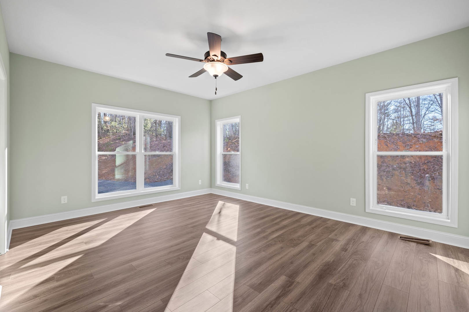 Ceiling fan with light fixture, white-framed windows overlooking trees, wood laminate flooring, pale plaster walls
