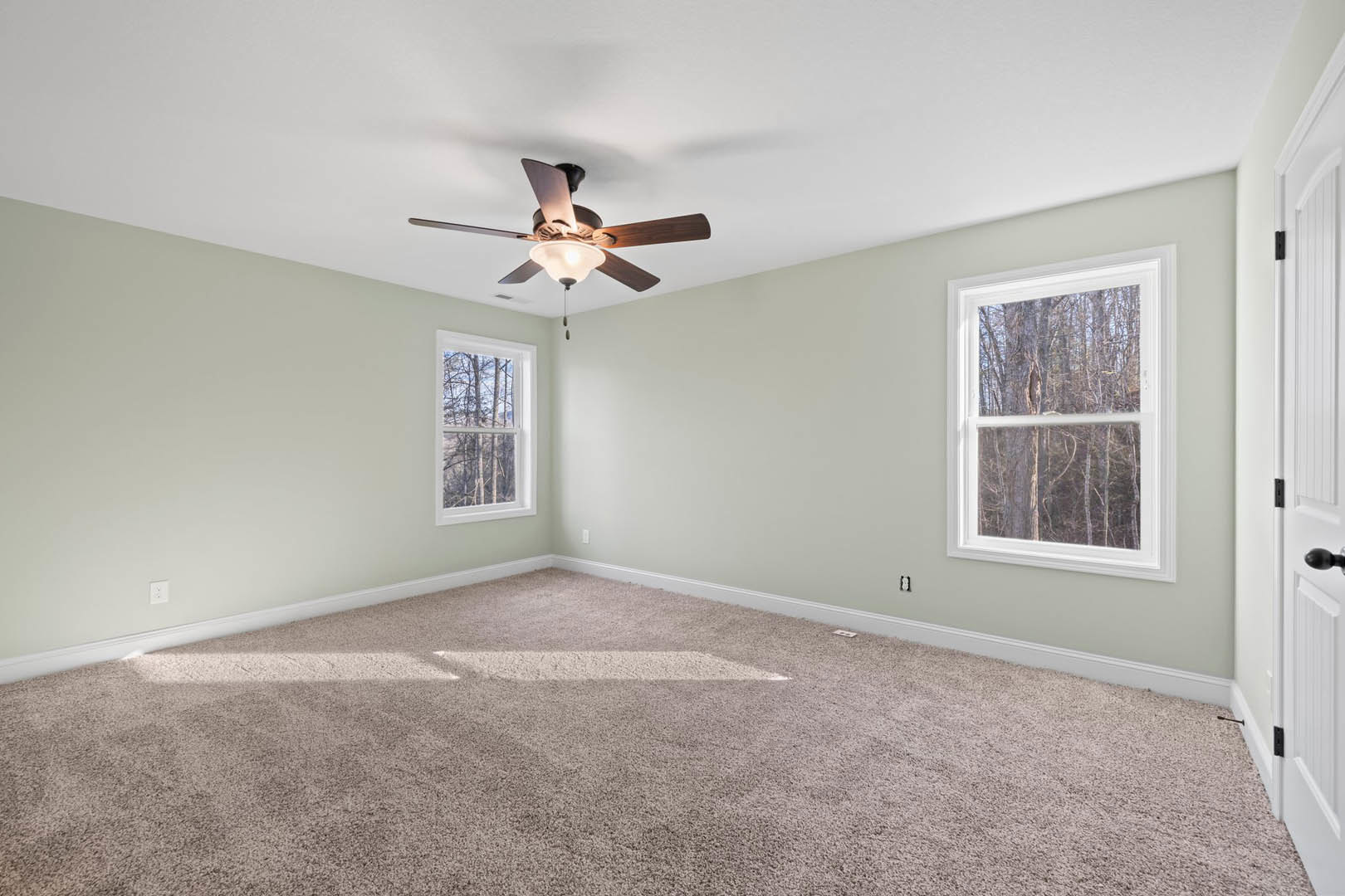 Carpeted room featuring a ceiling fan with light fixture, multiple windows with views of trees, white walls, and a close-up of a paneled door