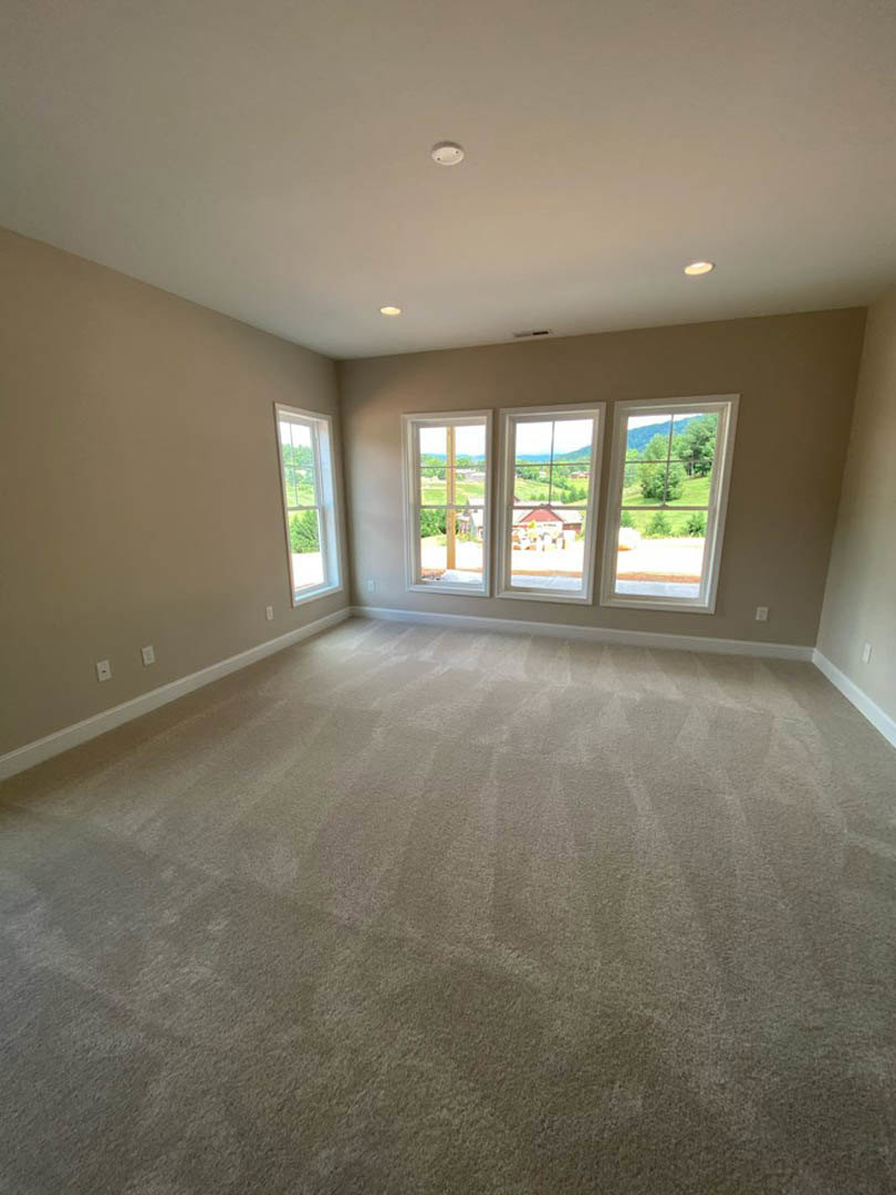 Carpeted room with multiple windows, white walls, and views of green trees and a neighboring house