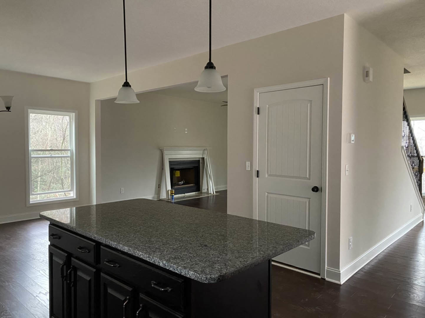 Granite countertop kitchen with white cabinetry, stainless steel appliances, large window overlooking trees, white door with black knob, hardwood flooring, fireplace, and paint