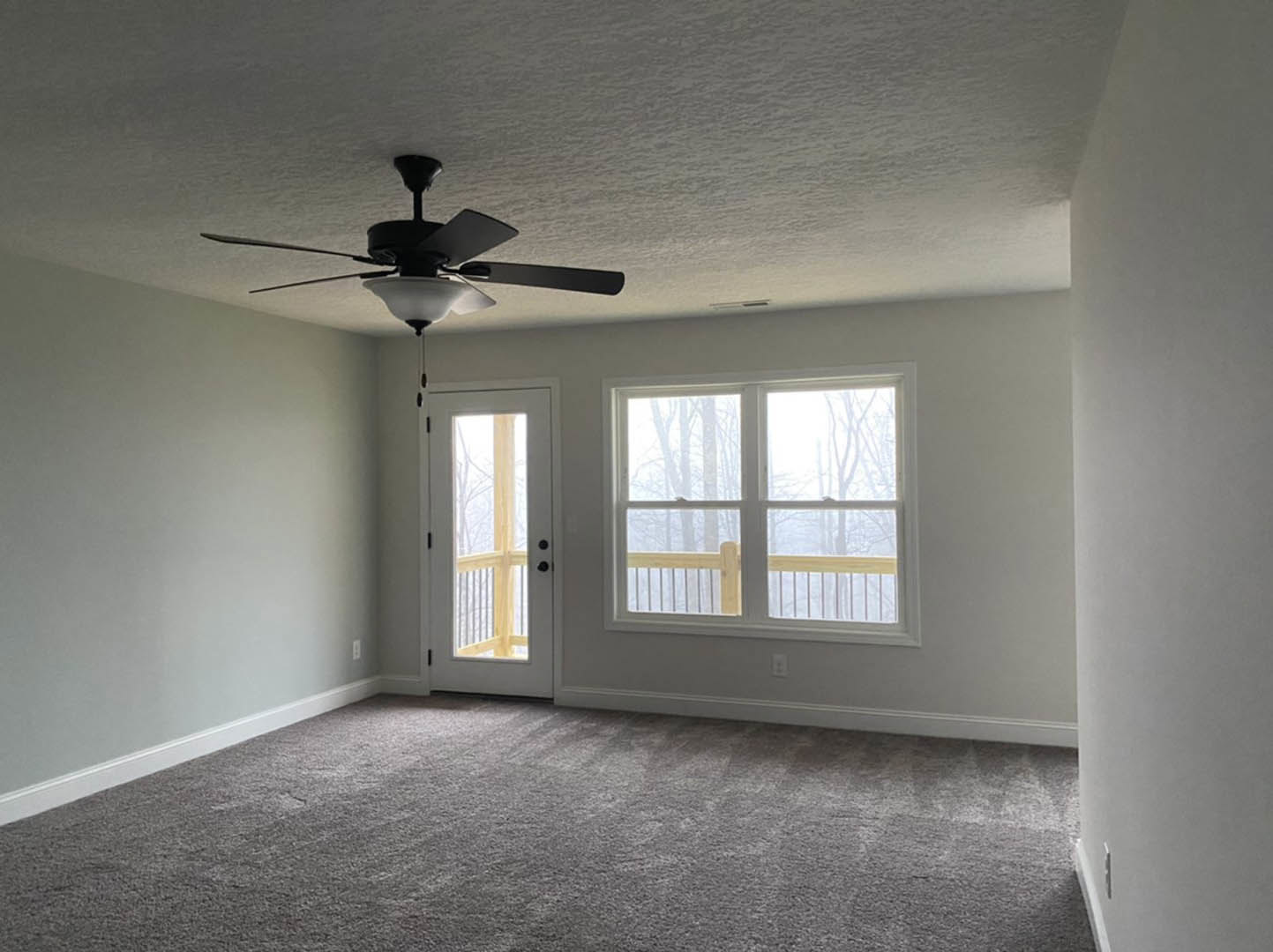 Carpeted room with ceiling fan and light, multiple windows showing trees outside, white walls, and a door with glass panel.